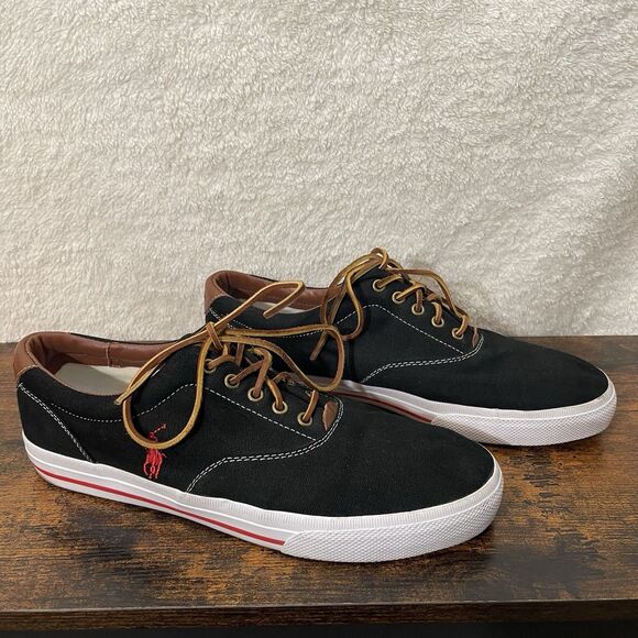 Polo Ralph Lauren Vaughn Mens Shoes 13D Black Canvas Leather Lace Preppy Low Top - Picture 2 of 16